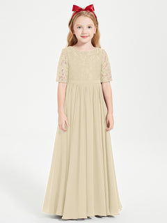 Long Junior Bridesmaid Gown Lace Top Half Sleeves Champagne