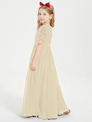 Long Junior Bridesmaid Gown Lace Top Half Sleeves Champagne