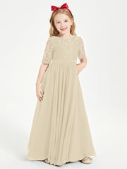 Long Junior Bridesmaid Gown Lace Top Half Sleeves Champagne