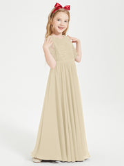 Long Junior Bridesmaid Gown Lace Top Half Sleeves Champagne
