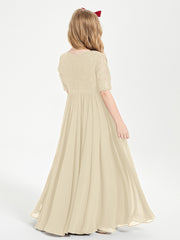 Long Junior Bridesmaid Gown Lace Top Half Sleeves Champagne