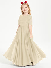 Long Junior Bridesmaid Gown Lace Top Half Sleeves Champagne