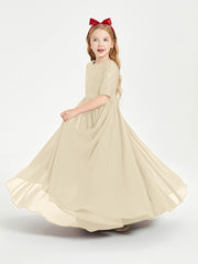Long Junior Bridesmaid Gown Lace Top Half Sleeves Champagne