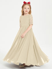 Long Junior Bridesmaid Gown Lace Top Half Sleeves Champagne