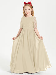 Long Junior Bridesmaid Gown Lace Top Half Sleeves Champagne