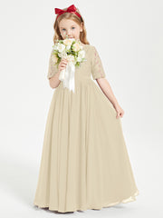 Long Junior Bridesmaid Gown Lace Top Half Sleeves Champagne