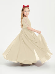 Long Junior Bridesmaid Gown Lace Top Half Sleeves Champagne