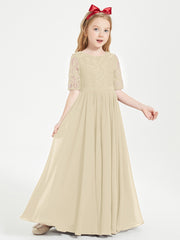 Long Junior Bridesmaid Gown Lace Top Half Sleeves Champagne