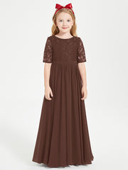 Long Junior Bridesmaid Gown Lace Top Half Sleeves Chocolate