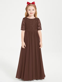 Long Junior Bridesmaid Gown Lace Top Half Sleeves Chocolate