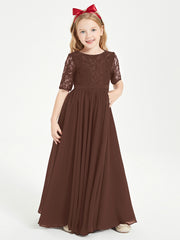 Long Junior Bridesmaid Gown Lace Top Half Sleeves Chocolate