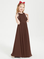 Long Junior Bridesmaid Gown Lace Top Half Sleeves Chocolate