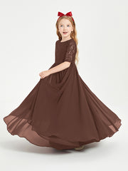 Long Junior Bridesmaid Gown Lace Top Half Sleeves Chocolate