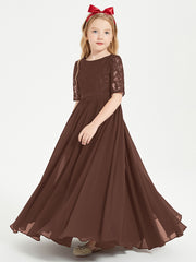 Long Junior Bridesmaid Gown Lace Top Half Sleeves Chocolate
