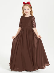 Long Junior Bridesmaid Gown Lace Top Half Sleeves Chocolate