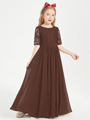 Long Junior Bridesmaid Gown Lace Top Half Sleeves Chocolate