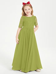 Long Junior Bridesmaid Gown Lace Top Half Sleeves Clover