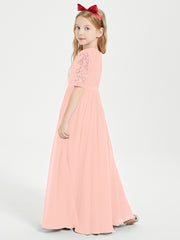 Long Junior Bridesmaid Gown Lace Top Half Sleeves Coral