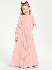 Long Junior Bridesmaid Gown Lace Top Half Sleeves Coral