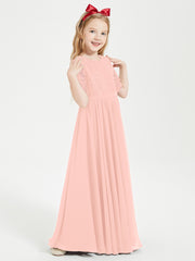 Long Junior Bridesmaid Gown Lace Top Half Sleeves Coral