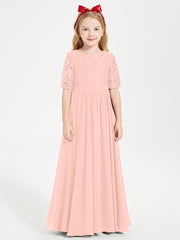 Long Junior Bridesmaid Gown Lace Top Half Sleeves Coral