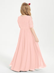 Long Junior Bridesmaid Gown Lace Top Half Sleeves Coral