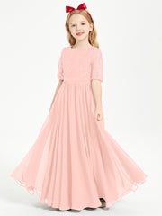 Long Junior Bridesmaid Gown Lace Top Half Sleeves Coral