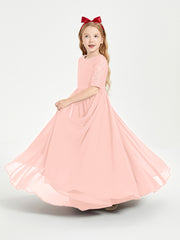 Long Junior Bridesmaid Gown Lace Top Half Sleeves Coral