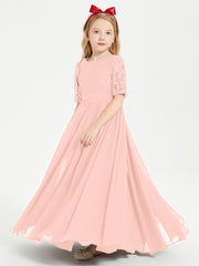 Long Junior Bridesmaid Gown Lace Top Half Sleeves Coral