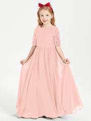 Long Junior Bridesmaid Gown Lace Top Half Sleeves Coral