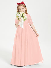 Long Junior Bridesmaid Gown Lace Top Half Sleeves Coral