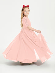 Long Junior Bridesmaid Gown Lace Top Half Sleeves Coral