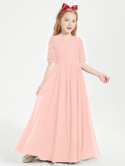 Long Junior Bridesmaid Gown Lace Top Half Sleeves Coral