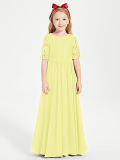 Long Junior Bridesmaid Gown Lace Top Half Sleeves Daffodil