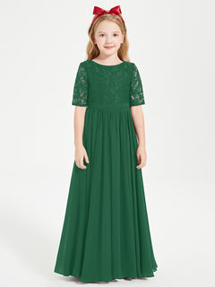 Long Junior Bridesmaid Gown Lace Top Half Sleeves Dark Green