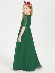 Long Junior Bridesmaid Gown Lace Top Half Sleeves Dark Green