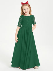 Long Junior Bridesmaid Gown Lace Top Half Sleeves Dark Green
