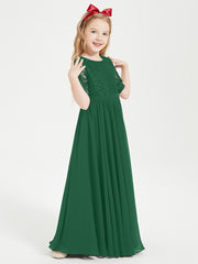 Long Junior Bridesmaid Gown Lace Top Half Sleeves Dark Green
