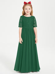 Long Junior Bridesmaid Gown Lace Top Half Sleeves Dark Green