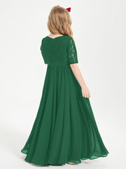 Long Junior Bridesmaid Gown Lace Top Half Sleeves Dark Green