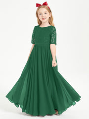 Long Junior Bridesmaid Gown Lace Top Half Sleeves Dark Green