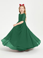Long Junior Bridesmaid Gown Lace Top Half Sleeves Dark Green