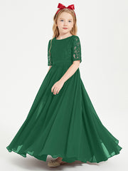 Long Junior Bridesmaid Gown Lace Top Half Sleeves Dark Green