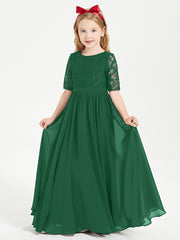 Long Junior Bridesmaid Gown Lace Top Half Sleeves Dark Green