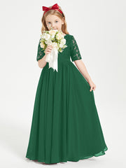 Long Junior Bridesmaid Gown Lace Top Half Sleeves Dark Green