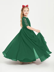 Long Junior Bridesmaid Gown Lace Top Half Sleeves Dark Green