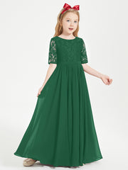 Long Junior Bridesmaid Gown Lace Top Half Sleeves Dark Green