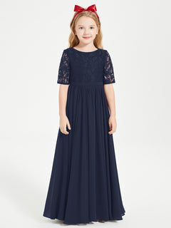 Long Junior Bridesmaid Gown Lace Top Half Sleeves Dark Navy