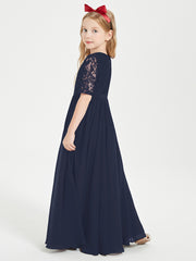 Long Junior Bridesmaid Gown Lace Top Half Sleeves Dark Navy