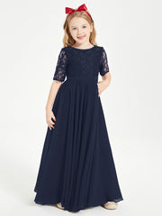 Long Junior Bridesmaid Gown Lace Top Half Sleeves Dark Navy